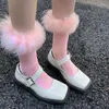 Women Socks Y2K Feather Fur Tube Rose Pink JK Lolita Cotton Funny Harajuku Korean Chic Warm Streetwear