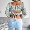 Blouses Femmes Femmes Élégant Top Resort Style Chemise À Manches Longues Sexy Tops Floral En Mousseline De Soie Chemises Col Carré Crop Camisas Blusas