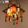 Pendant Lamps Vintage Rust Color Metal Wine Bottle Chandelier E27 LED Cafe LOFT Bar Iron Droplight Store Lighting Fixture