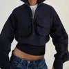 Sweat-shirt à manches longues pour femmes, automne-hiver, col montant, fermeture éclair, pull décontracté, hauts courts avec poches, Streetwear 231225