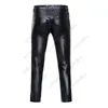 Calças de couro pu para motocicleta masculina, calças skinny brilhantes revestidas de ouro metálicas para performance em boate e palco para 231225