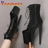 Laarzen laarzen dames 2022 luxe merkontwerper mode sexy ridder 8 inch hoog hakplatform enkel laarzen dames zwarte paaldansen schoenen