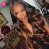 Elia 13x6 Body Wave Highlight Brown Spets Frontal Wig Hume Hair 180 Density Remy Peruansk 100 För svarta kvinnor 231226