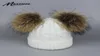 Real Fur Winter Hat Raccoon Two Pom Pom Hat For Women Brand Thick Women Hat Girls Caps Knitted Beanies Cap Whole 2018 New D1816491649