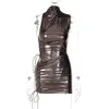 Work Dresses Y2K Metallic Drawstring Two Piece Skirts Sets Women Sexy Turtleneck Sleeveless Bodycsuit Top Ruched Bodycon Mini Skirt Clubwear