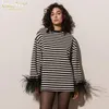 Women's T Shirts Clacive Fashion Loose Stripe Shirt 2024 Elegant O-Neck Feathers Long Sleeve T-Shirt Casual Classic Top Feamle Clothing