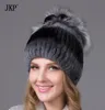 Gorro de piel de invierno para mujer, gorro de piel auténtica Rex con gorro tejido con flores plateadas, 5667471