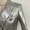 High Street Est Designer Stylish Runway Womens Fashion Lion Buttons Silver Leather Blazer Jacket 231225