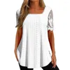 Women's Blouses Sheer Paneled Lace Sleeves Tops Stylish Embroidered Patchwork Tee Summer Square Collar Solid Color T-shirt With For Women