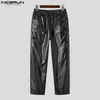 Men Pants Solid Color PU Leather Elastic Waist Pockets Loose Trousers Men Joggers Streetwear Casual Pantalon S-5XL INCERUN 231226