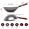 Pans التقليدية الحديد Wok غير طلاء يدوية مزورة لمطبخ المقبض مقبض الغاز أدوات الطهي