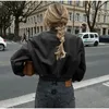 Mujer lavado gradiente cuero cuello redondo manga larga chaqueta suelta cremallera abrigo corto cuero sintético bombardero locomotora PU abrigo superior 231226