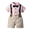 Ensemble de vêtements d'été barboteuse pour bébé garçon avec chapeau à nœud Gentleman costume rayé garçons chemise pour enfants Shorts à manches courtes 2 pièces 231226