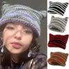 BeanieSkull Caps Striped Beanie with Cat Ear Women Contrast Cute Devil Horns Hat Girls Handmade Crochet Winter Warm Ski Cap For H3250815