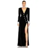 Sexy High Split Evening Dresses Deep V Neck Long Sleeve Mermaid Evening Gown Velvet Maxi Long Dress