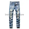 Dames jeans denim broek recht gewassen met geplooide gescheurde gaten knoop skinny biker jeans blauw 2022 slim fit jeans heren broek hete verkoop J231226
