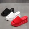 Slippers Thick Platform Women Summer Shoes 2023 White Knit Stretch Wedges Beach Sandals Peep Toe Flip Flops Chunky Slides