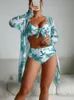 Sommer Bikini Set Frauen Floral Gedruckt Hohe Taille Badeanzug Langarm Cover Up Drucken Drei Stücke Badeanzug Weibliche Bademode 231225