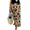 Calças femininas outono leopardo impressão de perna larga personalidade cordão cintura alta calças casuais feminino streetwear