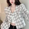 Women's Jackets Vintage Chic V Neck Long Sleeve Crop Jacket For Women Korean Tweed Plaid Single Breasted Outwear Top Lady Elegant Coat