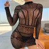 Water Diamond Transparent Women's Tight Night Hollow Mesh Dress Sexig mode ärmlös kort elastisk tät aftonklänning 231226