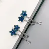 Dangle Küpe Pastoral Stil 925 Gümüş Emaye Küpe Kadınlar İçin İki Mavi Çiçek Püskül
