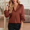 Blouses pour femmes Bureau-dame élégant manches empilables chemisier simple pour les femmes 2023 col en v chemise de mode décontracté couleur unie hauts amples 30328