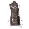 Work Dresses Y2K Metallic Drawstring Two Piece Skirts Sets Women Sexy Turtleneck Sleeveless Bodycsuit Top Ruched Bodycon Mini Skirt Clubwear