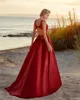 Gorgeous Red Prom Dresses Open Back Beaded Appliqued V Neck Party Gowns For 2024 Women Sexy Satin Sweep Train Evening Dress