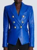 Qualidade superior est moda designer jaqueta feminina duplo breasted leão botões fino encaixe falso blazer de couro 231225