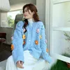 여자 니트 Zoki Sweet 3d Floral Women Knitted Cardigan 우아한 프레피 스타일 느슨한 스웨터 코트 한국 캐주얼 긴 소매 o 목 패션