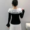 Women's Sweaters 2023 Fall Winter European Clothes Knitted Chic Sexy Double Ruffles Patchwork Women Pullover Flare Sleeve Tops 39038