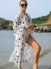 캐주얼 드레스 2024 여름 섹시한 별 패턴 V- 넥 셀프 벨트 하이 허리 랩 드레스 흰색 쉬폰 튜닉 여성 비치웨어 맥시 Q1170