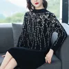 Женские свитера, осенне-зимний толстый теплый свитер миди, платье-свитер, женский корейский винтажный повседневный топ 2023, черный элегантный облегающий топ с цветочным принтом