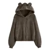 Jaquetas femininas urso orelha hoodie jaqueta de pelúcia para mulheres inverno casacos quentes sólido casual zíper kawaii moda estilo básico versátil casaco