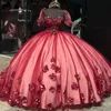 Vestidos de quinceañera de princesa de lujo, bonitos vestidos rojos con apliques florales 3D, cuentas y hombros descubiertos, corsé, vestidos de 15 anos, 2024
