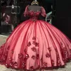 2024 لطيف الأحمر الفاخر الأميرة Quinceanera فساتين 3DFLORALORIAL حبات قبالة الكتف صخب مشد