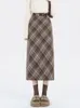 lady Woolen plaid skirt women's long plaid A-word hip skirt S M L XL