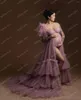 Vestidos casuais poeirento rosa sheer ver através de tule maternidade vestes frente aberta ilusão gravidez pogal longo um ombro babados vestido