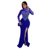 Casual Dresses Beyprern Women's Crystal Embellished High Slit Long Maxi Dress Gown Glam Sleeve Diamonds Party Celebrities Outfits