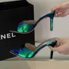 Pantoufles pointues Peep Toe Stiletto femmes sandales été fluorescentes sans lacet diapositives talons hauts mode robe élégante chaussures de fête