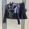 Женские элегантные винтажные твидовые ароматные костюмы Jacke Poat Top и юбка с двумя кусочками Зеленое наряд зима Жаккарда одежда 231225