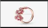 Jewelryoriginal 925 SterlingSier Rose Pink Daisy Flower Trio Ring for Women Resizable Wedding Engaingy Pan Rings Cluster Drop D5215117