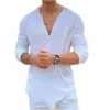 Magliette da uomo T-shirt casual con scollo a V in tinta unita 2024 Camicia in lino di cotone a maniche lunghe Top allentato hawaiano