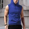 Mens T-shirts Fashion Hooded Trawstring Top Couleur Couleur continue sans manches lâches Pocket Ffitness Muscle Training Hoodie Retro Comfort