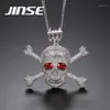 JINSE Full Rhinestone Punk Red CZ piedra esqueleto cráneo colgantes collares para hombres Color oro Hip Hop joyería regalo cuerda Chain1286V