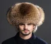 Winter Mens 100 Real Silver Fox Fur Bomber Hat Raccoon Furs Ushanka Cap Trapper Russian Man Ski Hats Caps Real Leather1046910