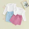 Clothing Sets Pudcoco Kid Girl Fall Outfits Solid Color Ribbed Crew Neck Long Sleeve Tops Pearl Button Plaid Pantskirts 2Pcs Clothes Set