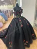 Floral Embroidery Quinceanera Dress Sparkly Tulle Ball Mexican Quince Sweet 15/16 Birthday Party Gown for 15th Girl Drama Winter Formal Prom Gala Off-Shoulder Black