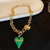 Necklace Earrings Set Fashion Trend For Women Classic Unique Heart Design Drip Glaze Metal Material Green Jewelry Gift